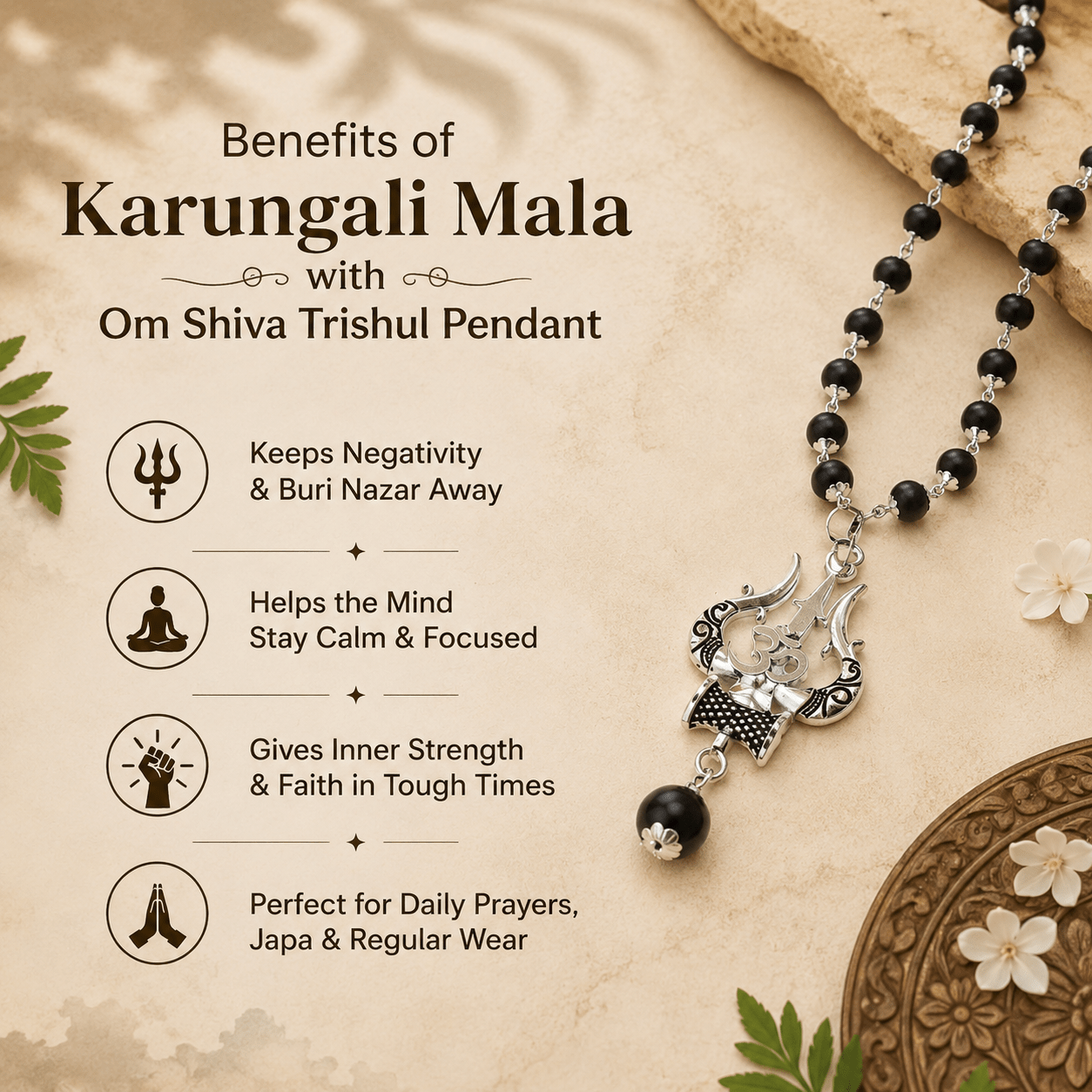 Silver Plated Karungali Mala with Om Shiv Trishool Pendant - Gurunoor