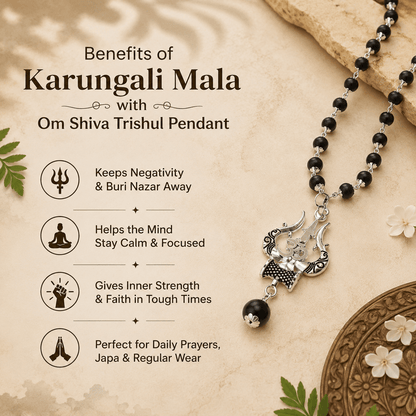 Silver Plated Karungali Mala with Om Shiv Trishool Pendant - Gurunoor