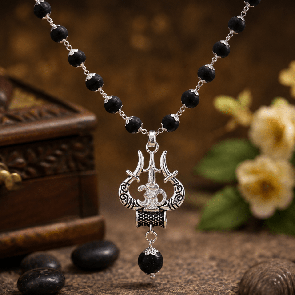 Silver Plated Karungali Mala with Om Shiv Trishool Pendant - Gurunoor