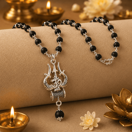 Silver Plated Karungali Mala with Om Shiv Trishool Pendant - Gurunoor