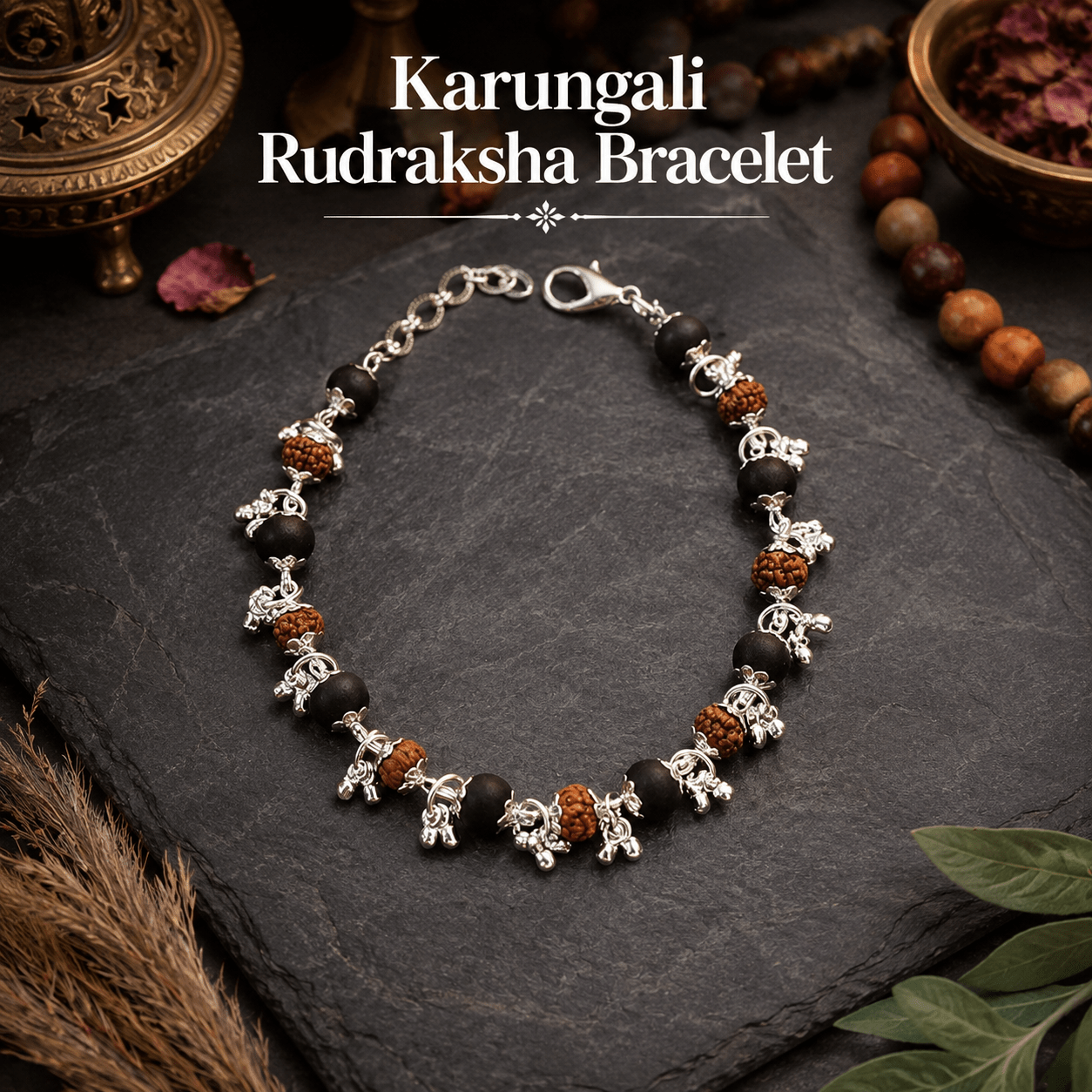 Silver Plated Rudraksha Karungali Ghungroo Bracelet - Gurunoor
