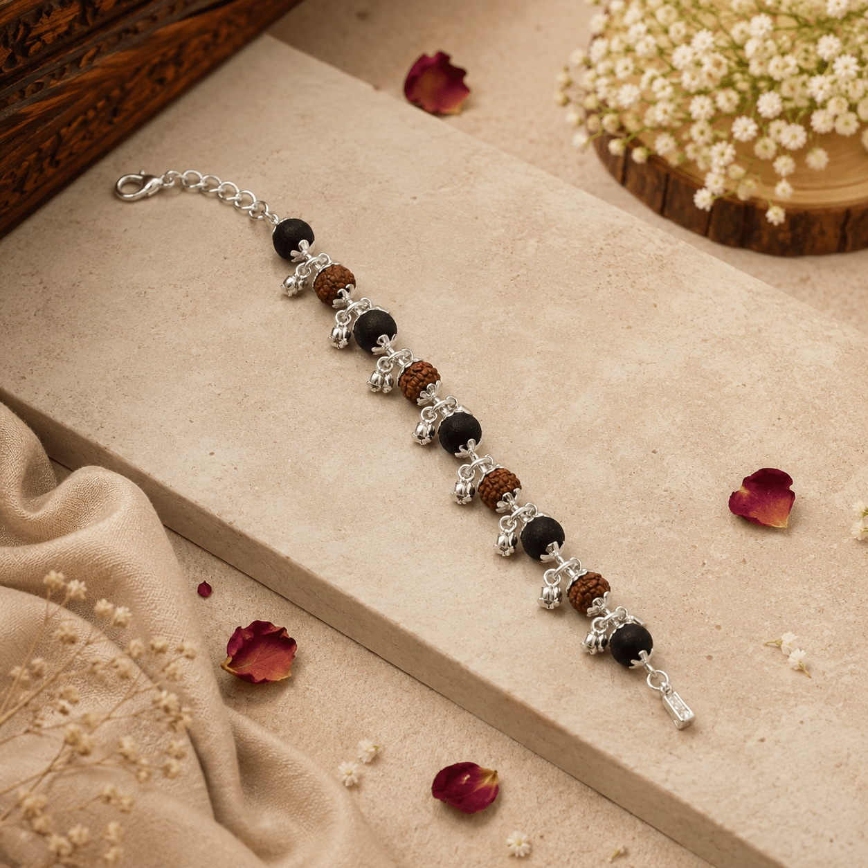 Silver Plated Rudraksha Karungali Ghungroo Bracelet - Gurunoor
