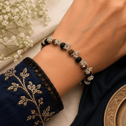 Silver Plated Rudraksha Karungali Ghungroo Bracelet - Gurunoor